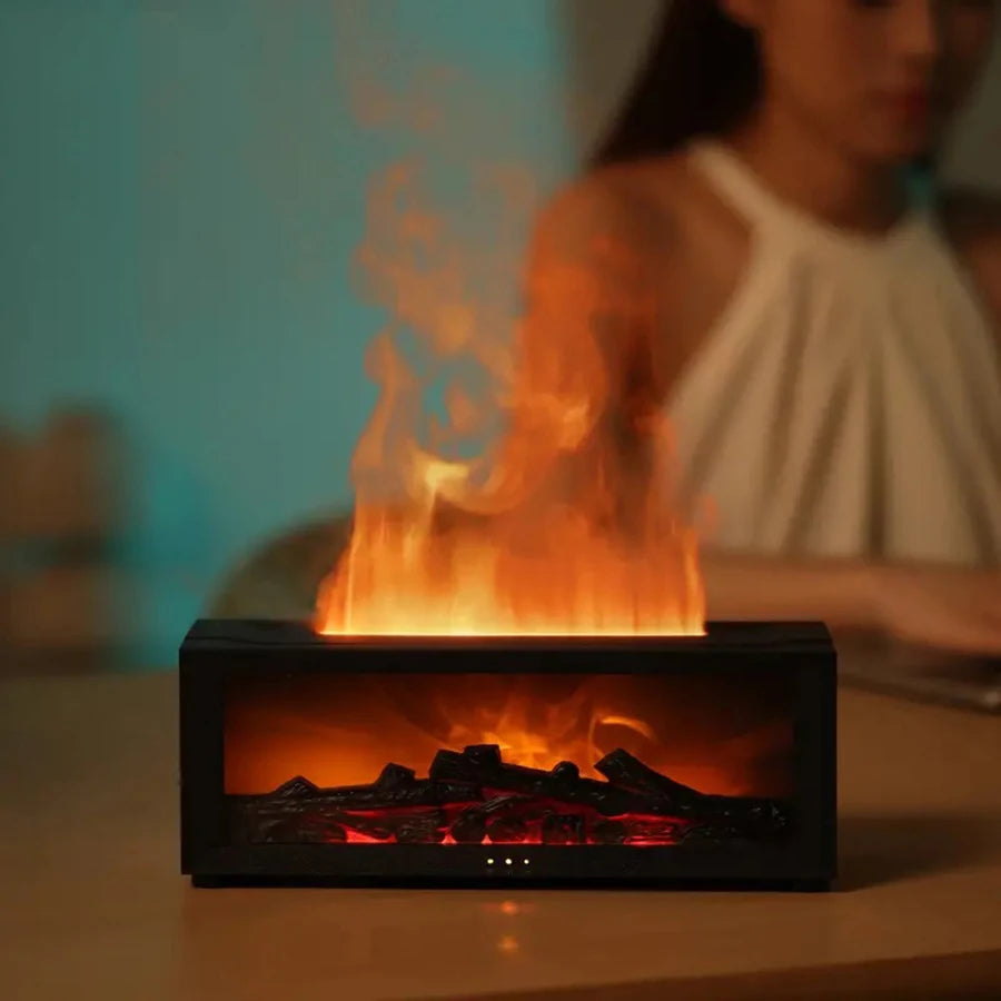 USB-powered fireplace humidifier, aromatherapy diffuser, with remote timer, and automatic shut-off when water runs low