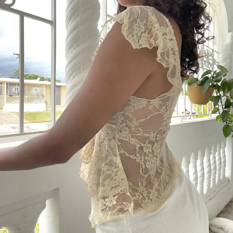 Irregular high waisted see through lace shirt, unique and niche new style, sexy V-neck flying sleeve top