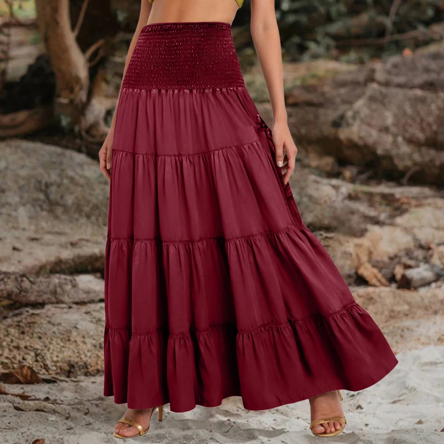Boho Tiered A-Line Skirt Women Forest Fairy Pockets Patchwork Long Dress Elastic Waist Vintage Hippie Gypsy Maxi Skirt 스커트