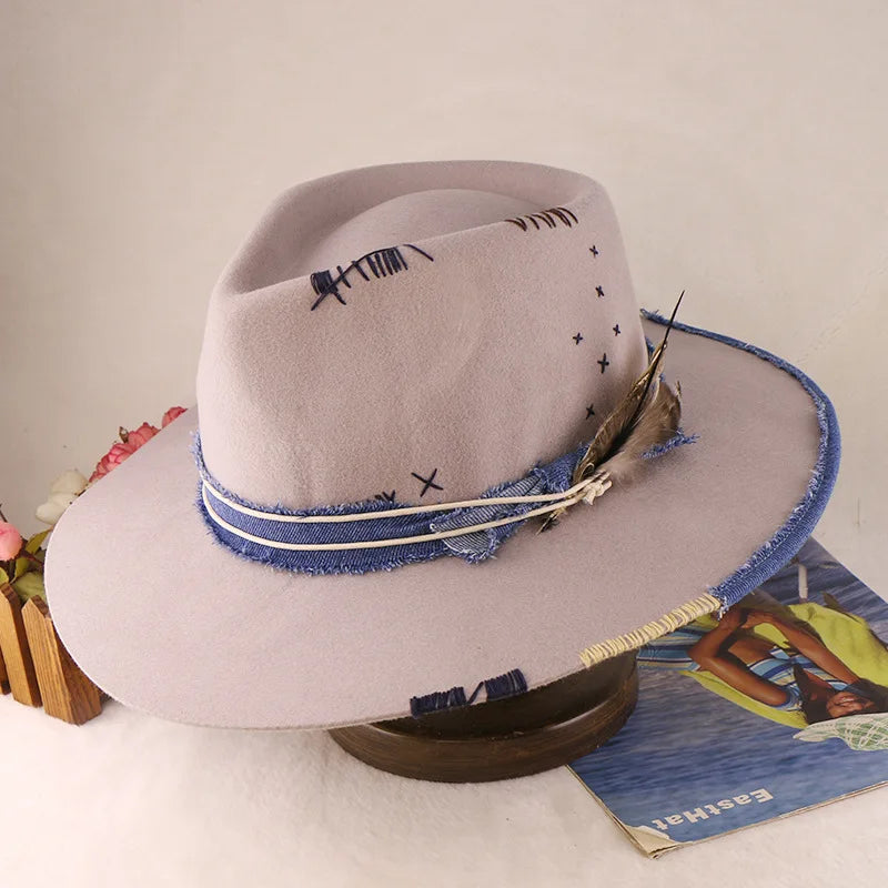 Western Style 100% Wool Fedora Hat | Braided Ribbon & Feather Trim Felted Jazz Cap for Autumn/Winter