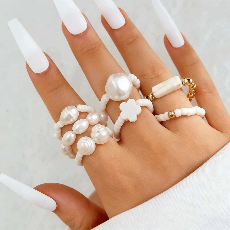 Ethnic Style Imitation Pearl Beads Rings Set for Women Retro Blue Stone Cross Elastic Rope Ring Personality Jewelry Gift