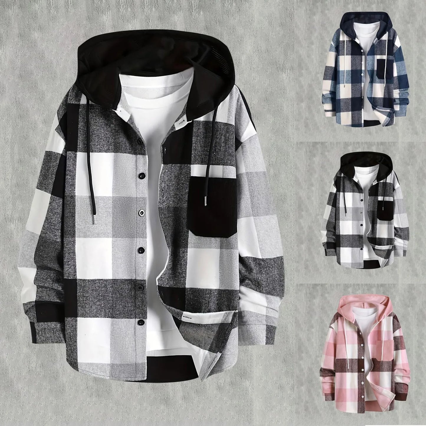 Men's Hooded Jacket Lightweight Drawstring Regular Fit Long Sleeved Buttoned Plaid Pocket Shirt Jacket Solid Color Linen Shirt