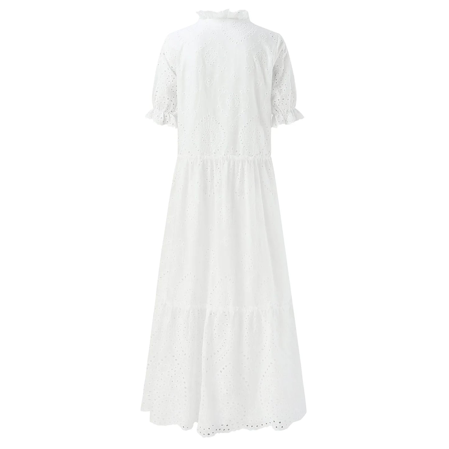 Summer Cotton White Dress For Women Casual Hollow Crochet Bohemian Loose Beach Long Dress Ladies Plus Size Holiday Ruffles Dress
