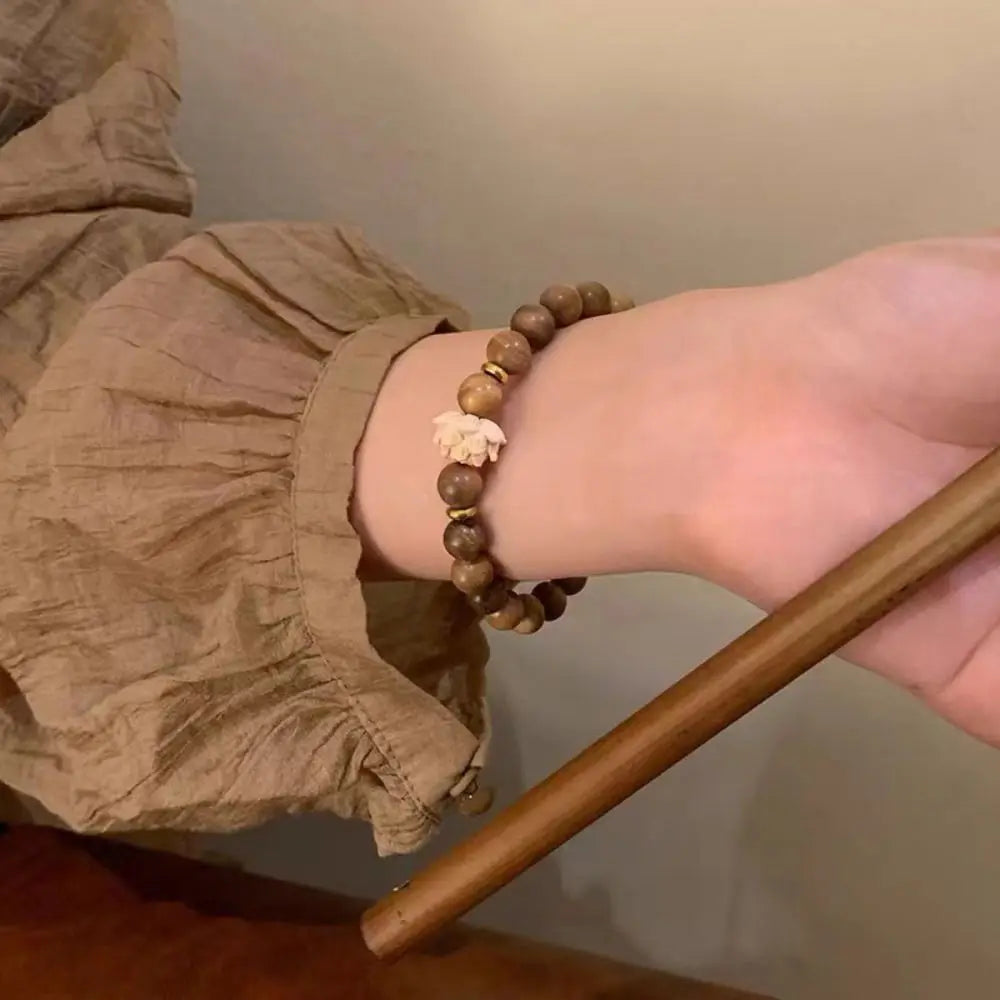 Lotus Sandalwood Bangle Wood Beaded Strand Bracelets Green Natural Sandalwood Bracelet Elastic Handwoven Rosary Jewelry