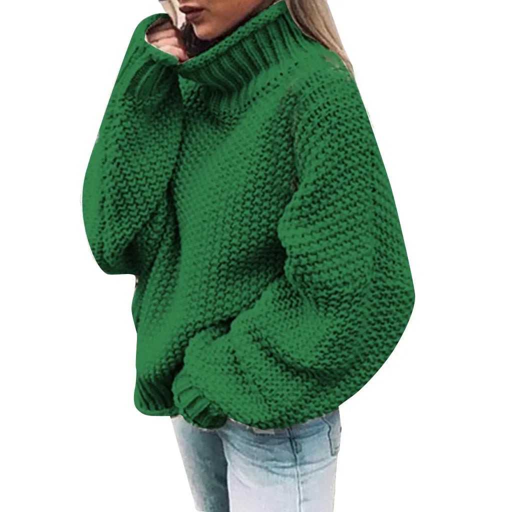 New Women Autumn Half High Neck Pullover Female Solid Color Long Sleeve Coarse Knit Sweaters Ladies Fashion O Neck Tops