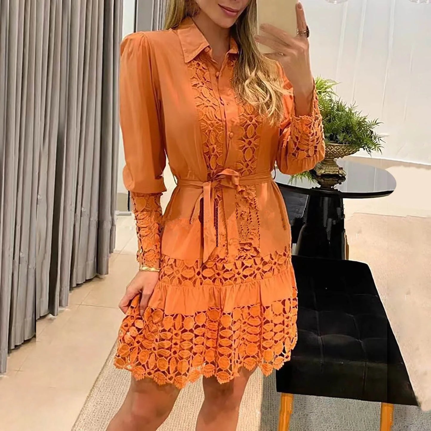Casual Lapel Women's Shirt Dress Vestido Summer Lace Crochet  Hollowed Out Long Sleeve Party Dress Elegant Lady Plus Size Dress