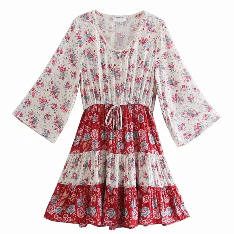 GypsyLady Floral Vintage Mini Dress Pink Holiday Boho Women Dress  Flare Sleeve Summer Holiday Ladies Female Sexy Dresses 2021