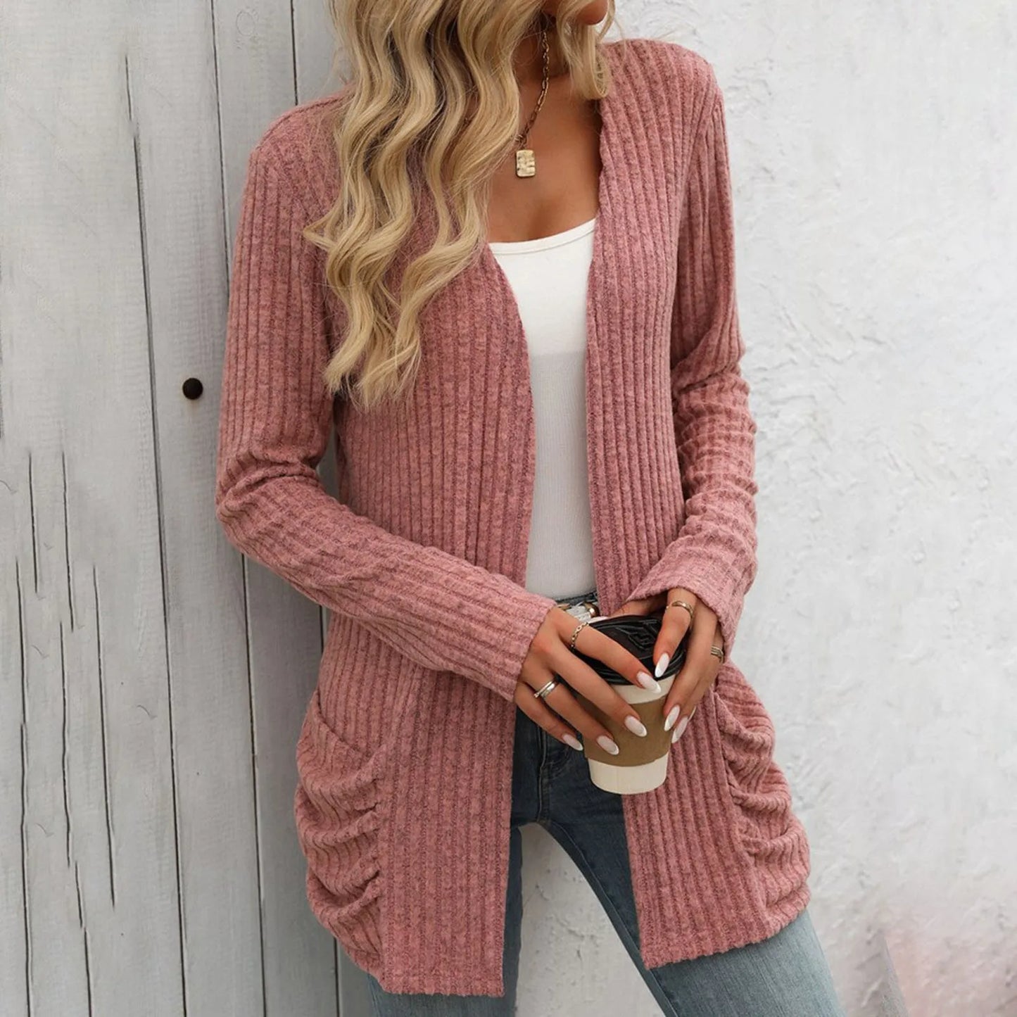 Women Sweater Cardigan Pockets Long Sleeve Solid Color Casual Loose Open Front Cardigan Lightweight Streetwear Fall Outerwear