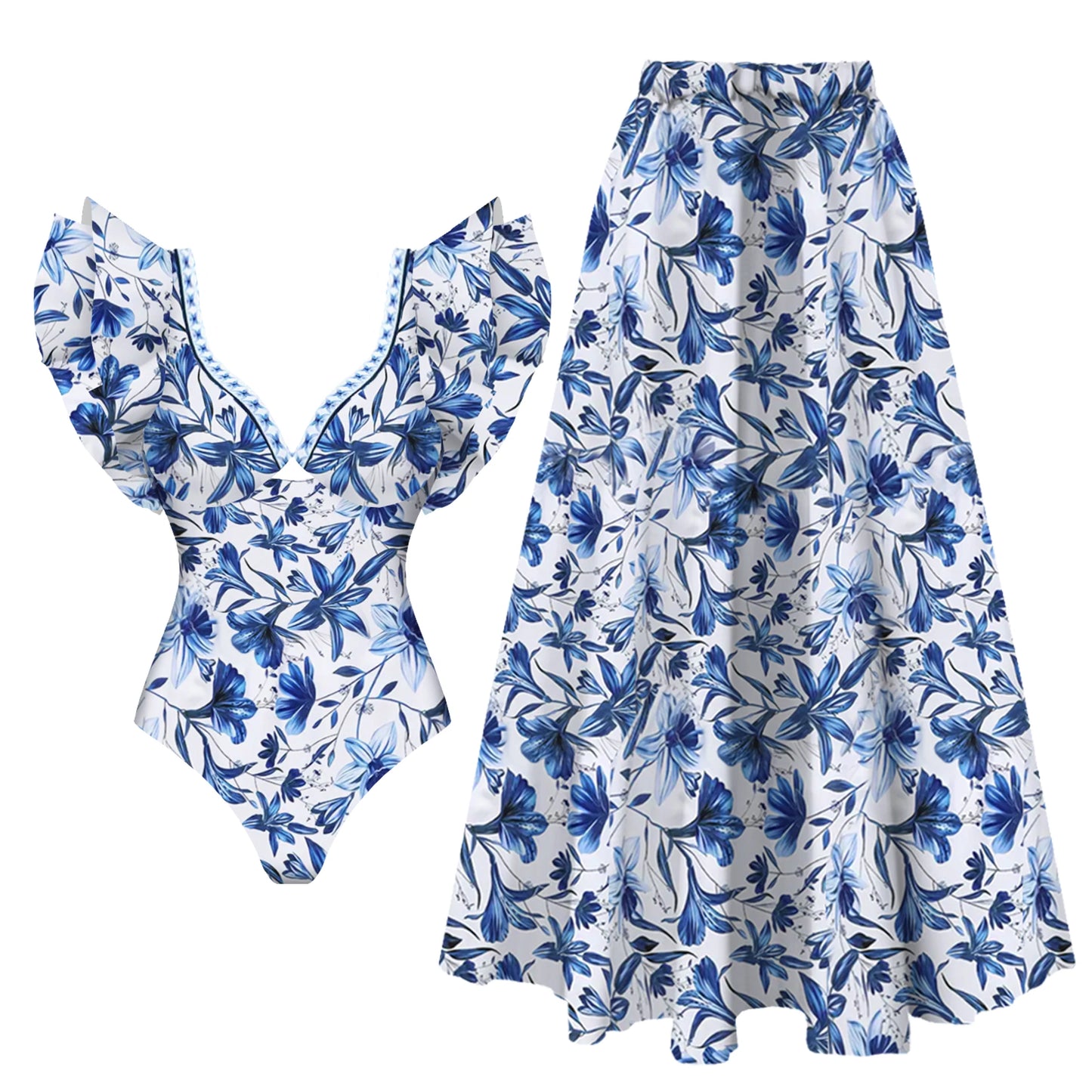 2025 New 2-Piece Shoulder Ruffle Swimsuit With Cover Up Sexy Women Swimwear Push Up Biquini Bathsuit Bodysuit Beachwear Dress