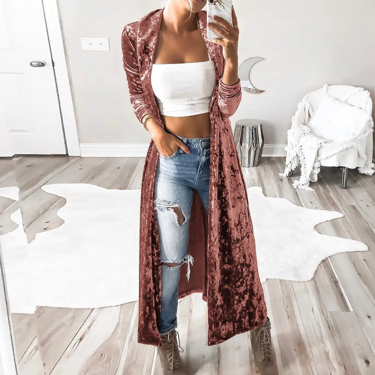 Women's Lightweight Overcoats Autumn Velvet Retro Open Front Cardigan Winter Fashion Ladies Windbreaker Streetwear Outerwear
