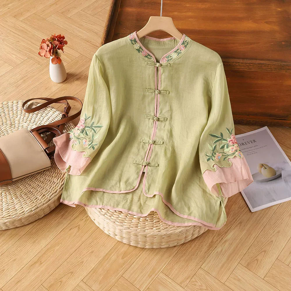 Casual Loose Blouse Shirt Women Clothes Summer Cotton Linen Ladies Tops Tee Blusas Vintage Embroidery Woman Shirt Camiseta Mujer