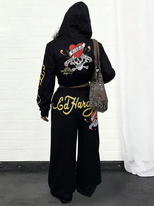 Ed Hardy Skull & Heart Print Cropped Hoodie and Wide Leg Pants Set - Gothic Streetwear