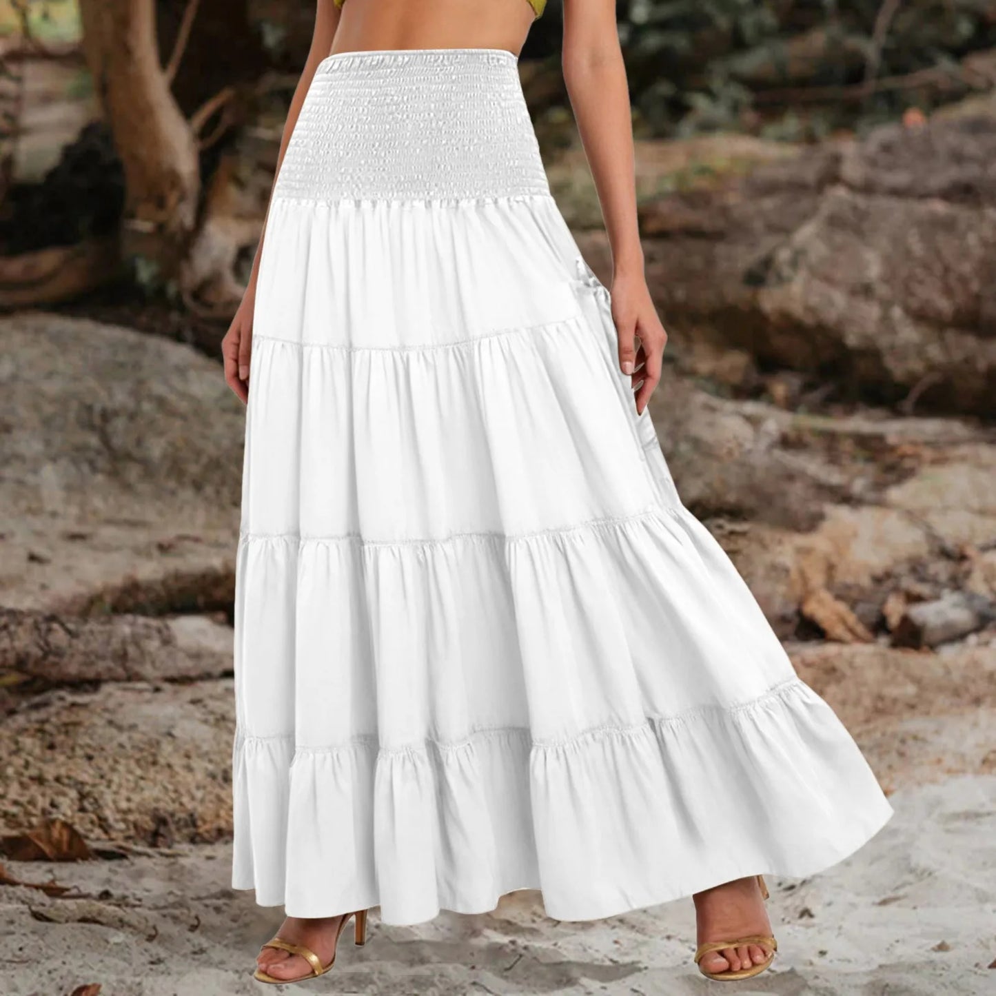 Boho Tiered A-Line Skirt Women Forest Fairy Pockets Patchwork Long Dress Elastic Waist Vintage Hippie Gypsy Maxi Skirt 스커트