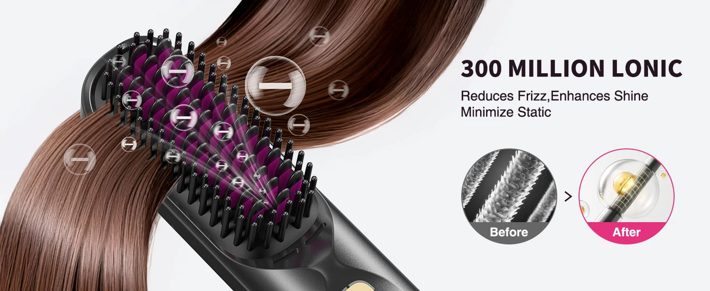 Cordless Hair Straightener Portable Brush 30s Fast Heating 10000mAh Rechargeable 300 Million Negative Ions Straightening Comb