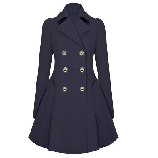 Elegant Trench Coat For Women Lapel Double Breasted Thick A Line Windbreaker Jacket With Pockets Temperament Office Lady Blazer