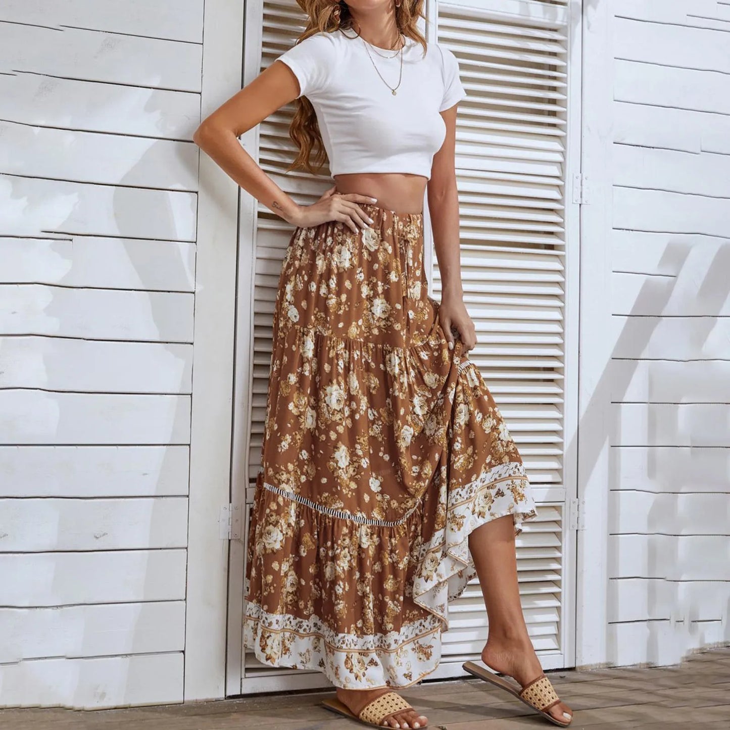 Women Bohemian A Line Skirt Summer Beach Boho Printed High Waist Drawstring Long Midi Skirt Large Swing Casual Pleated Faldas