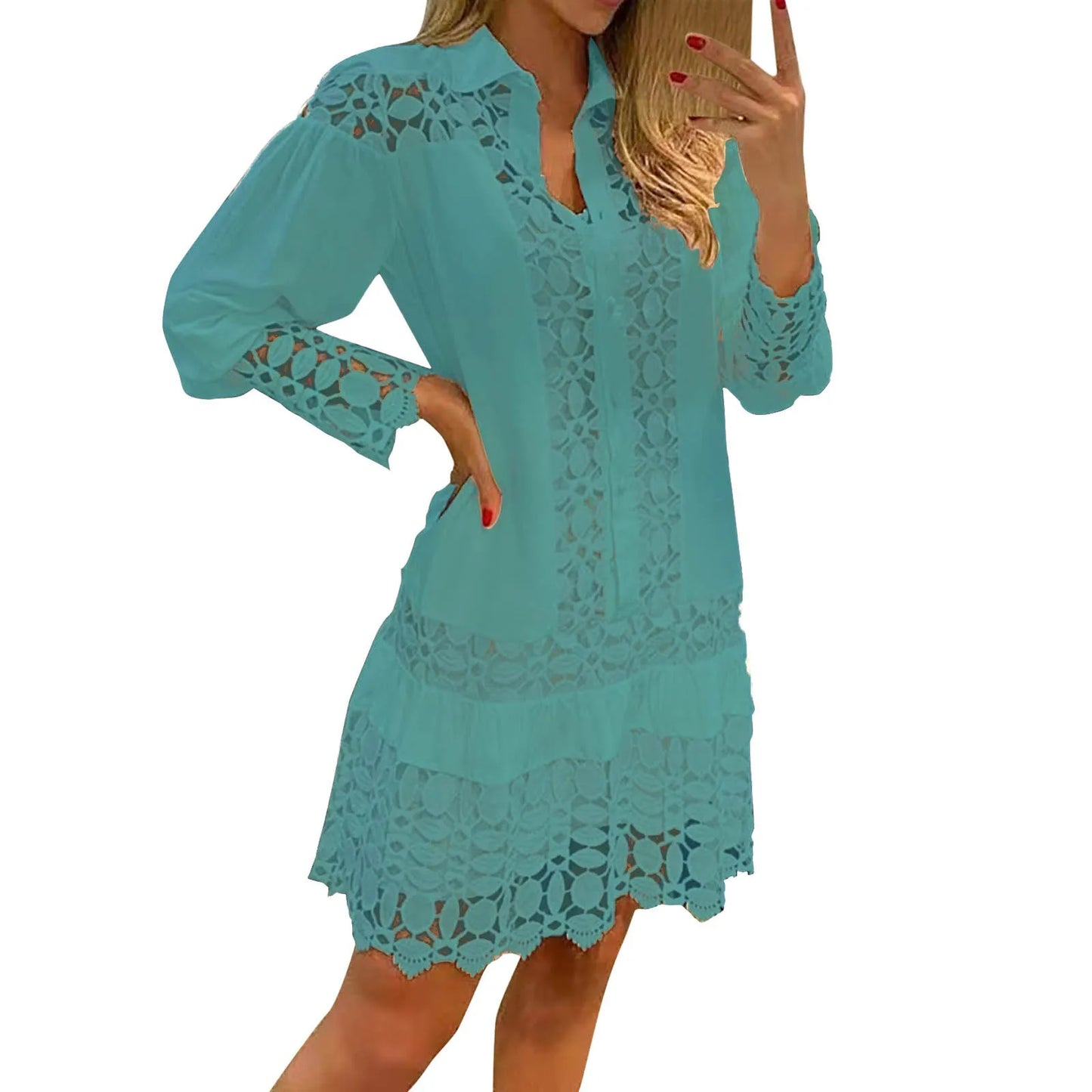 Casual Lapel Women's Shirt Dress Vestido Summer Lace Crochet  Hollowed Out Long Sleeve Party Dress Elegant Lady Plus Size Dress
