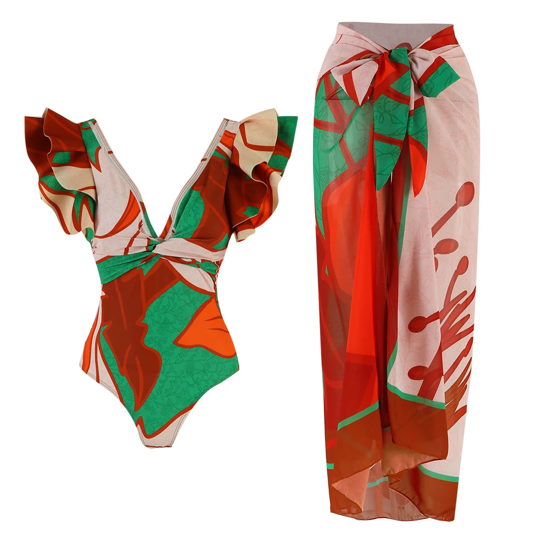 2025 New 2-Piece Shoulder Ruffle Swimsuit With Cover Up Sexy Women Swimwear Push Up Biquini Bathsuit Bodysuit Beachwear Dress