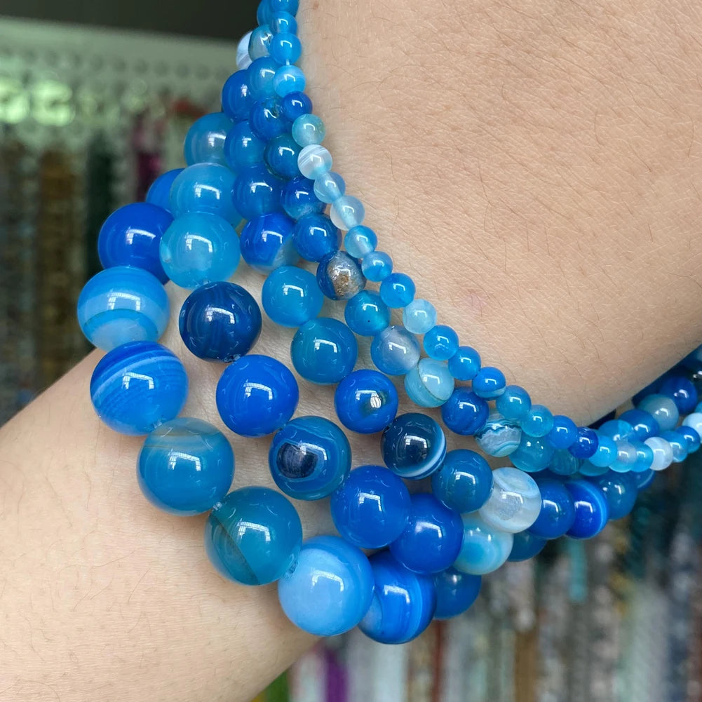4/6/8/10mm Natural Blue Stripe Agate Stone Beads Round Loose Spacer Beads For Jewelry Making DIY Bracelet Necklace Handmade