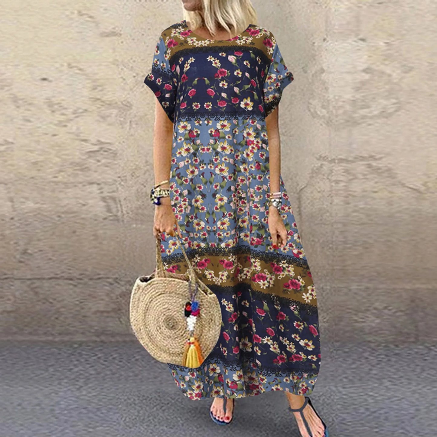 Bohemian Printed Maxi Dresses Women Loose Casual Holiday Short T Shirt Dress Summer Beach Vacation Dresses For Women Robe Femme