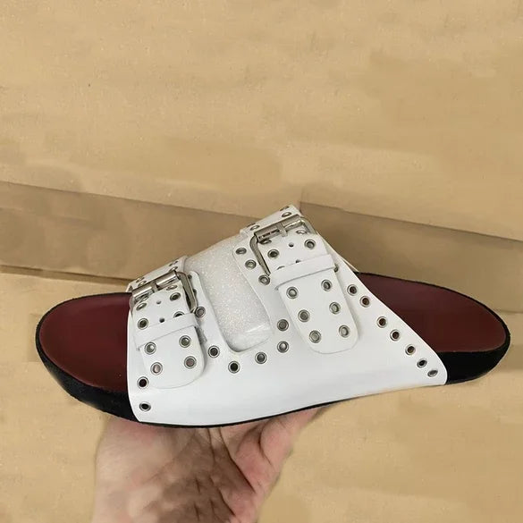 Sandals Woman Summer 2024 Beach Open Toe Slippers Flat Shoes Sandals Unisex Buckle Rivet Decoration Slip On Roman Big Size 43