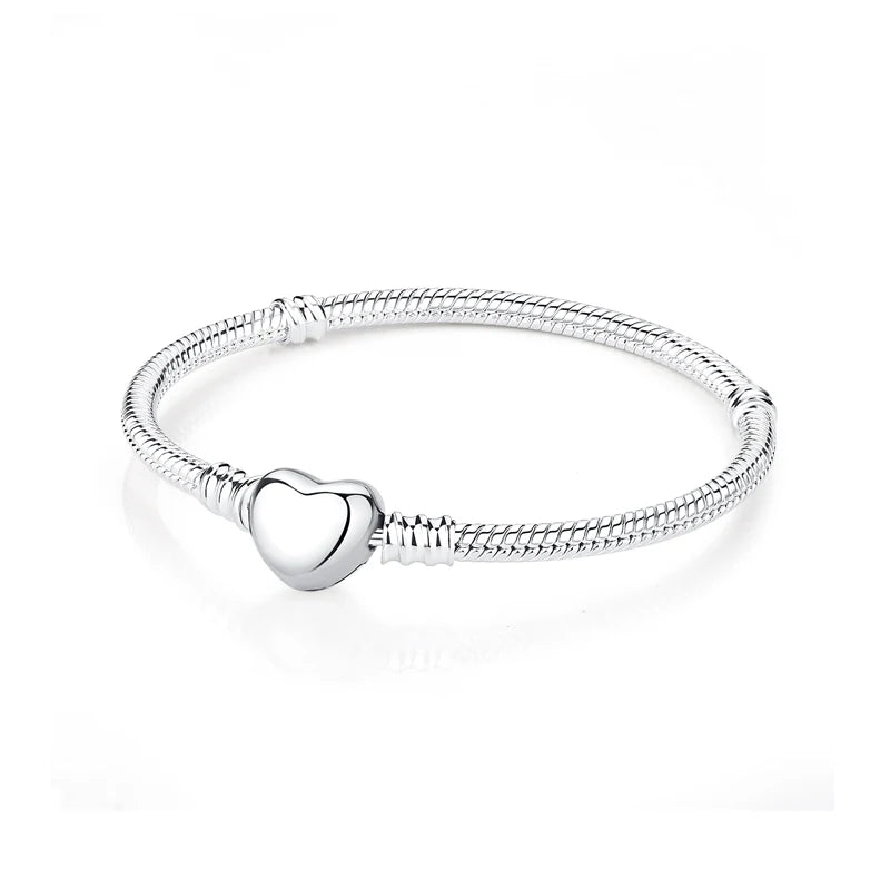 Original 925 Sterling Silver Bracelet for Women Charms Beads Rose Gold Heart Bracelets Bangles Snake Chain Luxury Jewelry Gift