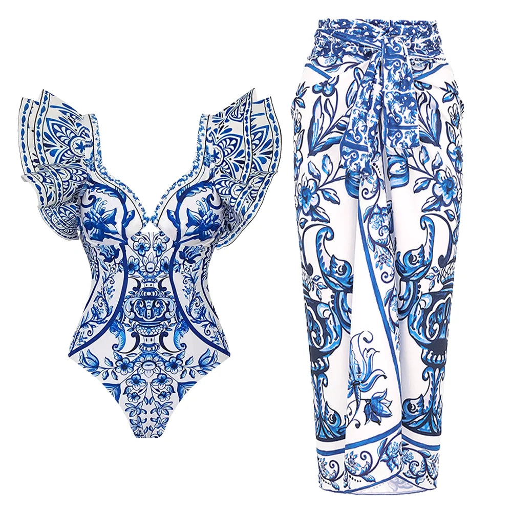 2024 New Sexy Ruffle Bikini Set Printed Brazilian Biquini Women Swimwear Skirt Bathing Suit Girls Summer Beachwear Dress