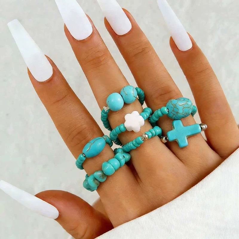 Ethnic Style Imitation Pearl Beads Rings Set for Women Retro Blue Stone Cross Elastic Rope Ring Personality Jewelry Gift