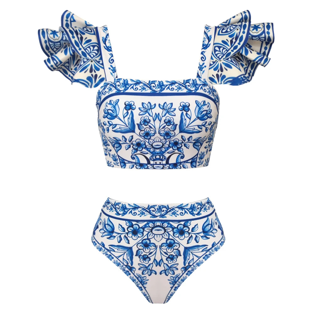 2024 New Sexy Ruffle Bikini Set Printed Brazilian Biquini Women Swimwear Skirt Bathing Suit Girls Summer Beachwear Dress