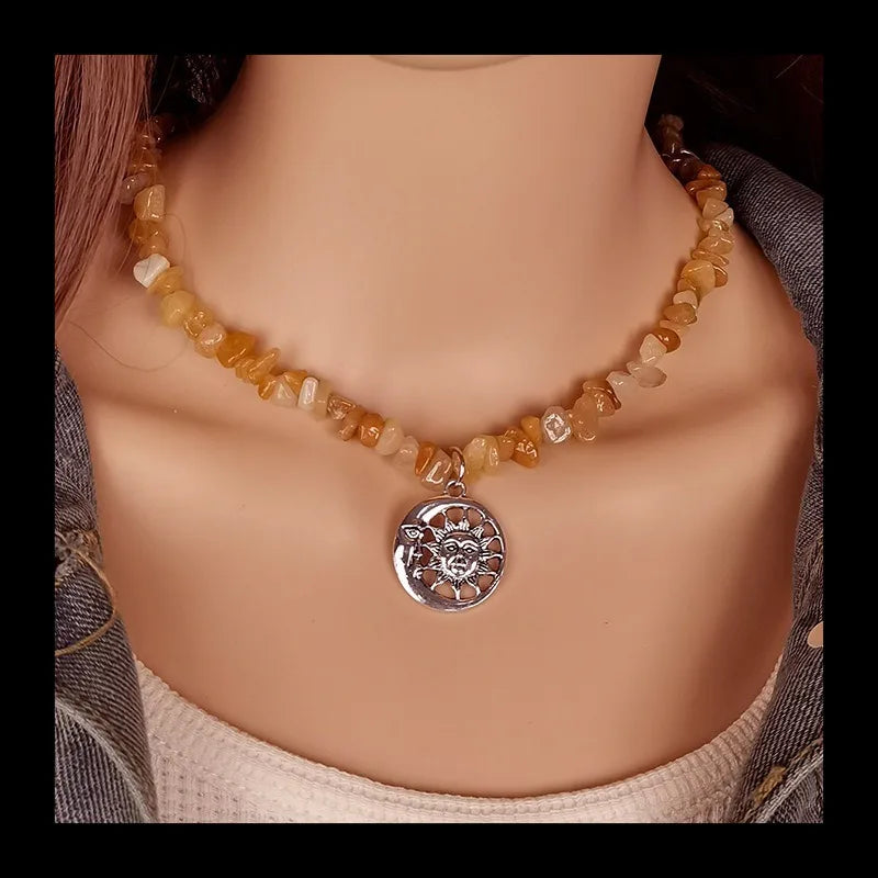 Ladies Retro Natural Gravel Handmade Beaded Collarbone Chain Ethnic Style Sun and Moon Pendant Necklace Jewelry Wholesale