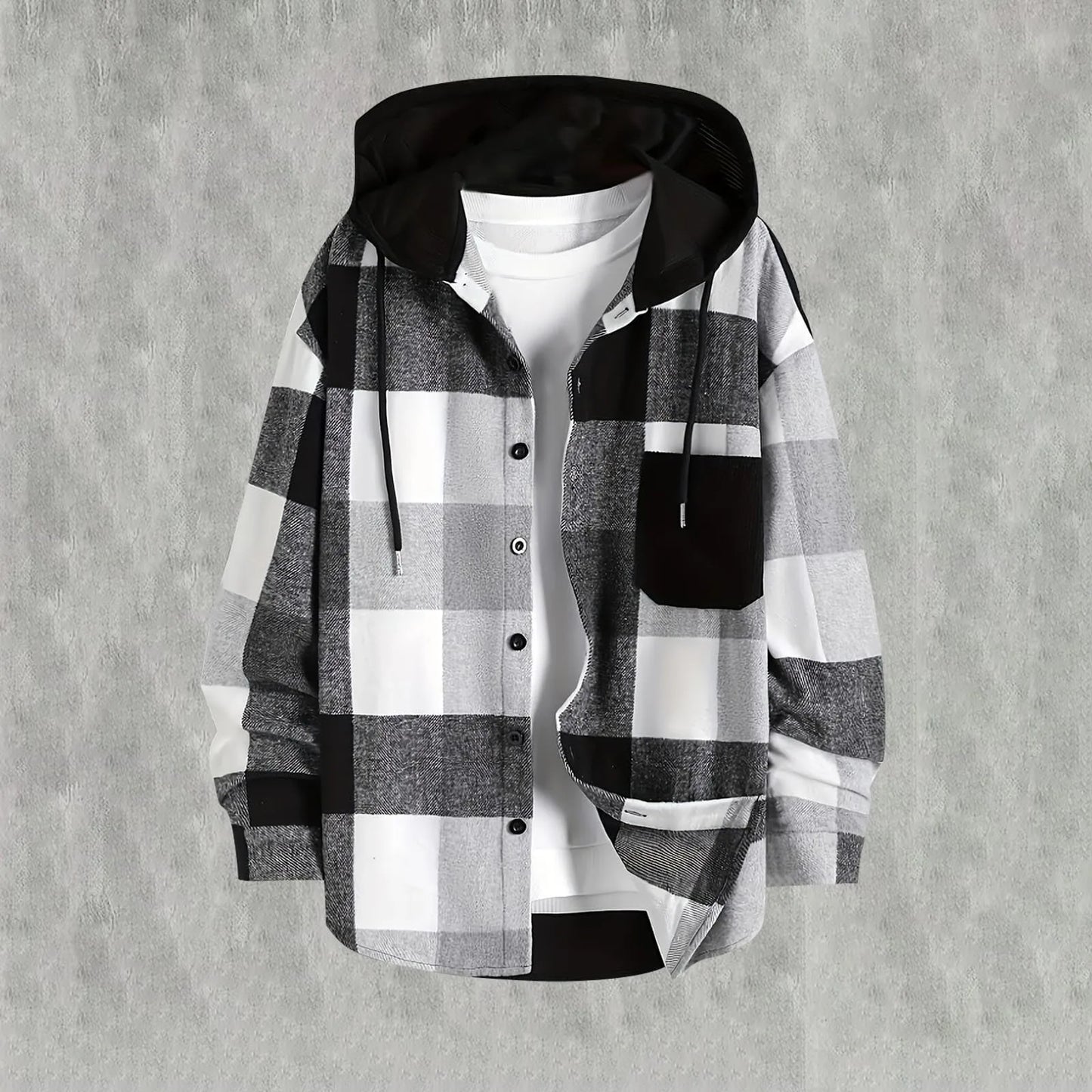 Men's Hooded Jacket Lightweight Drawstring Regular Fit Long Sleeved Buttoned Plaid Pocket Shirt Jacket Solid Color Linen Shirt