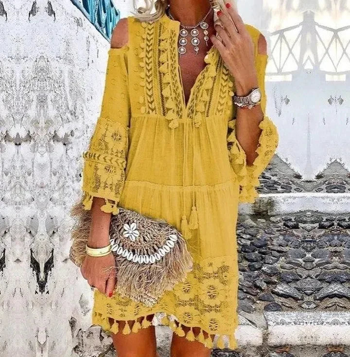Holiday Dress Solid Hollow Out V-Neck Lace Sexy Dresses Bohemian Style Big Size Dress Vestidos Tassel Sexy Boho Long Dress Women