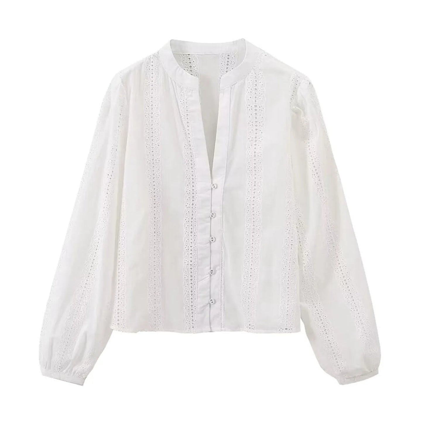 Women's White Tops Eyelets Hollow Out Puff Sleeve V Neck Chic Shirts Embroidered Fashion Female Oversized Summer Blouse Women