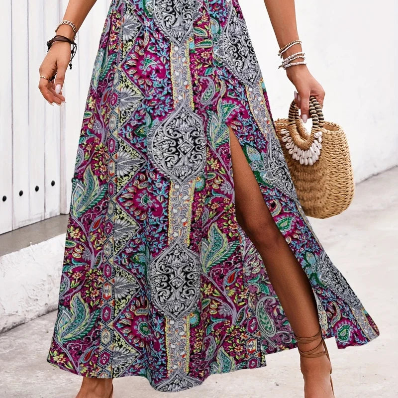 Vintage Bohemian Ethnic Print Long Skirt Women 2026 Summer Casual High Waist Skirt Lady Elegant Boho A line Split Pleated Skirt