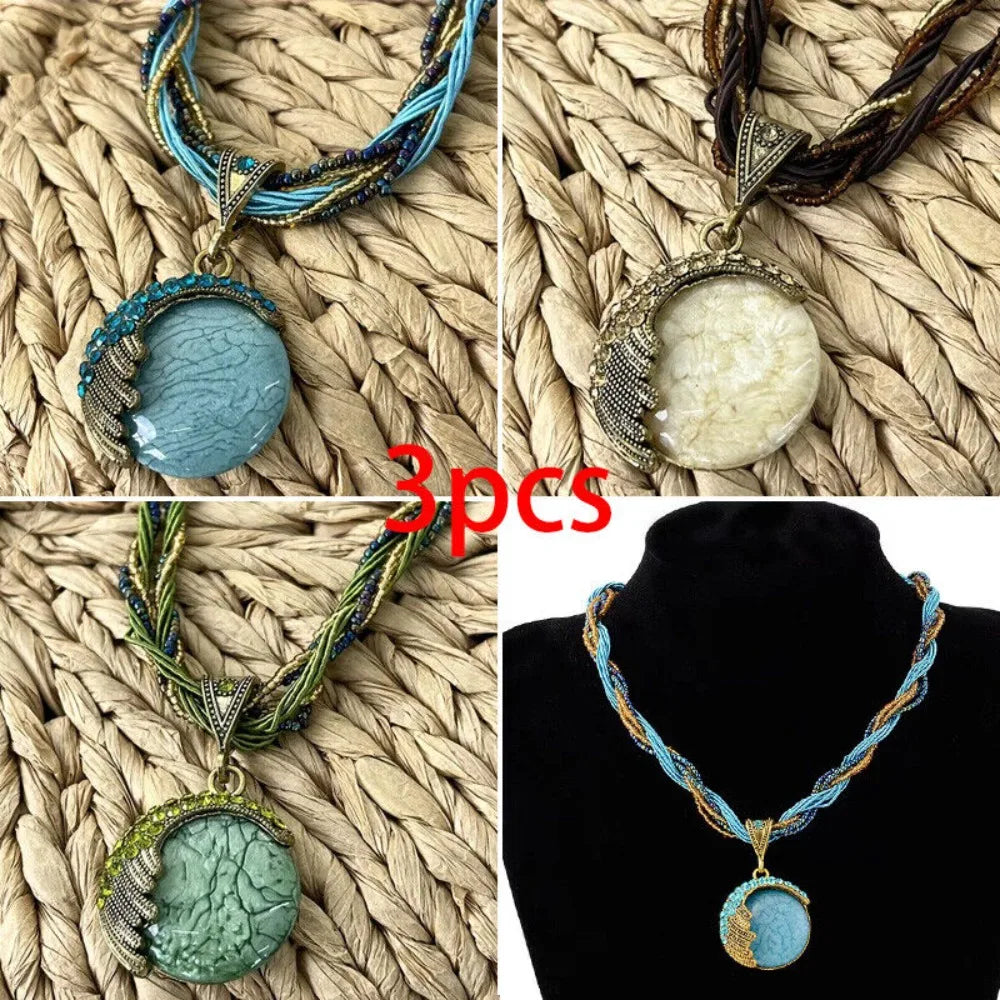 3 Pcs Bohemian Necklace for Women Turquoise Jewelry Necklace Statement Beaded Vintage Jewelry Rhinestone Long Necklace for
