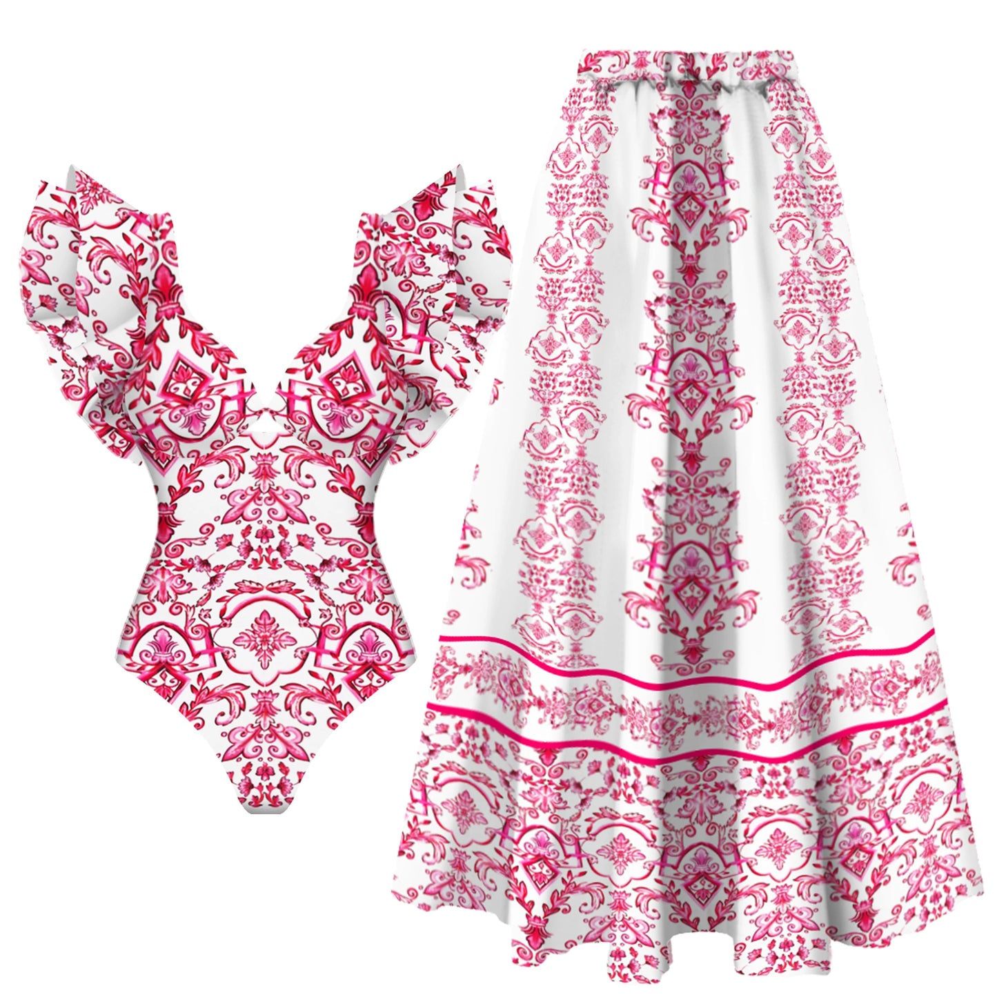 2024 New Sexy Ruffle Bikini Set Printed Brazilian Biquini Women Swimwear Skirt Bathing Suit Girls Summer Beachwear Dress
