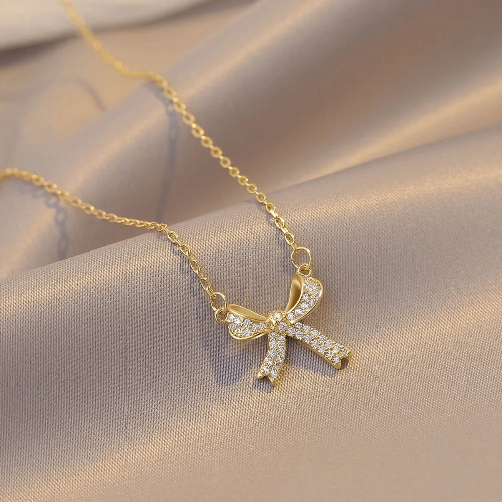 Kpop Crystal Bow Pendant Necklace For Women Simple Gold Color Stainless Steel Clavicle Chain Jewelry Fashion Accessories