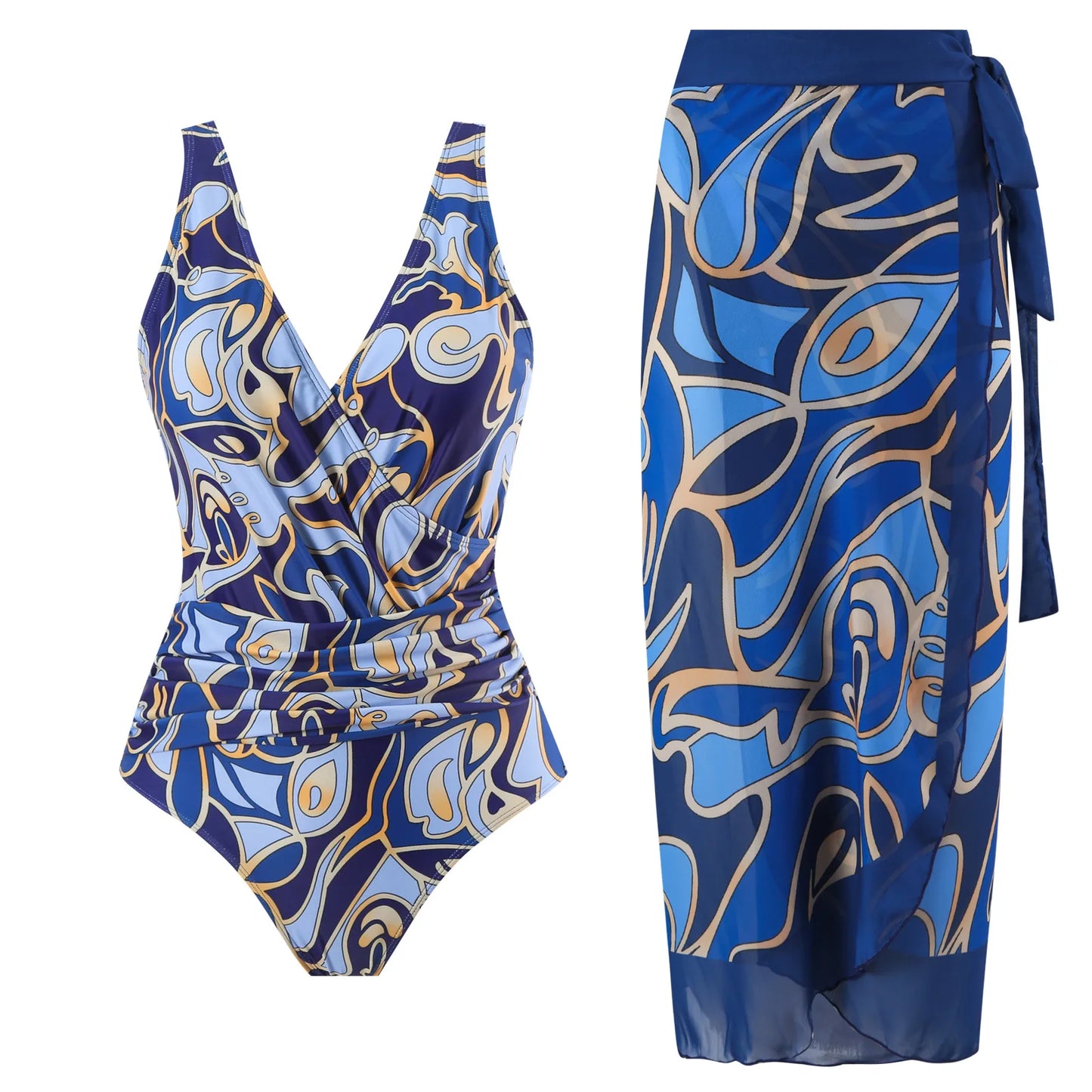 2 Pieces Retro Printed Swimsuit With Cover Up Sexy Women Swimwear 2025 V Neck Bikinis Female Biquini 3XL Bodysuit Beachwear