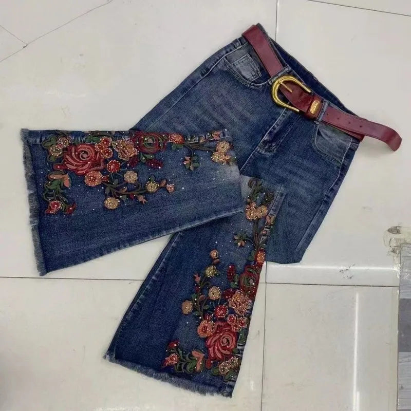 New Large-sized Heavily Embroider Diamond-encrusted High-waisted Slimming Draping Fashion Versatile Slightly Flared Jeans Women