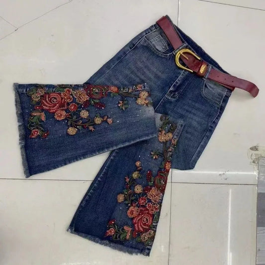 New Large-sized Heavily Embroider Diamond-encrusted High-waisted Slimming Draping Fashion Versatile Slightly Flared Jeans Women