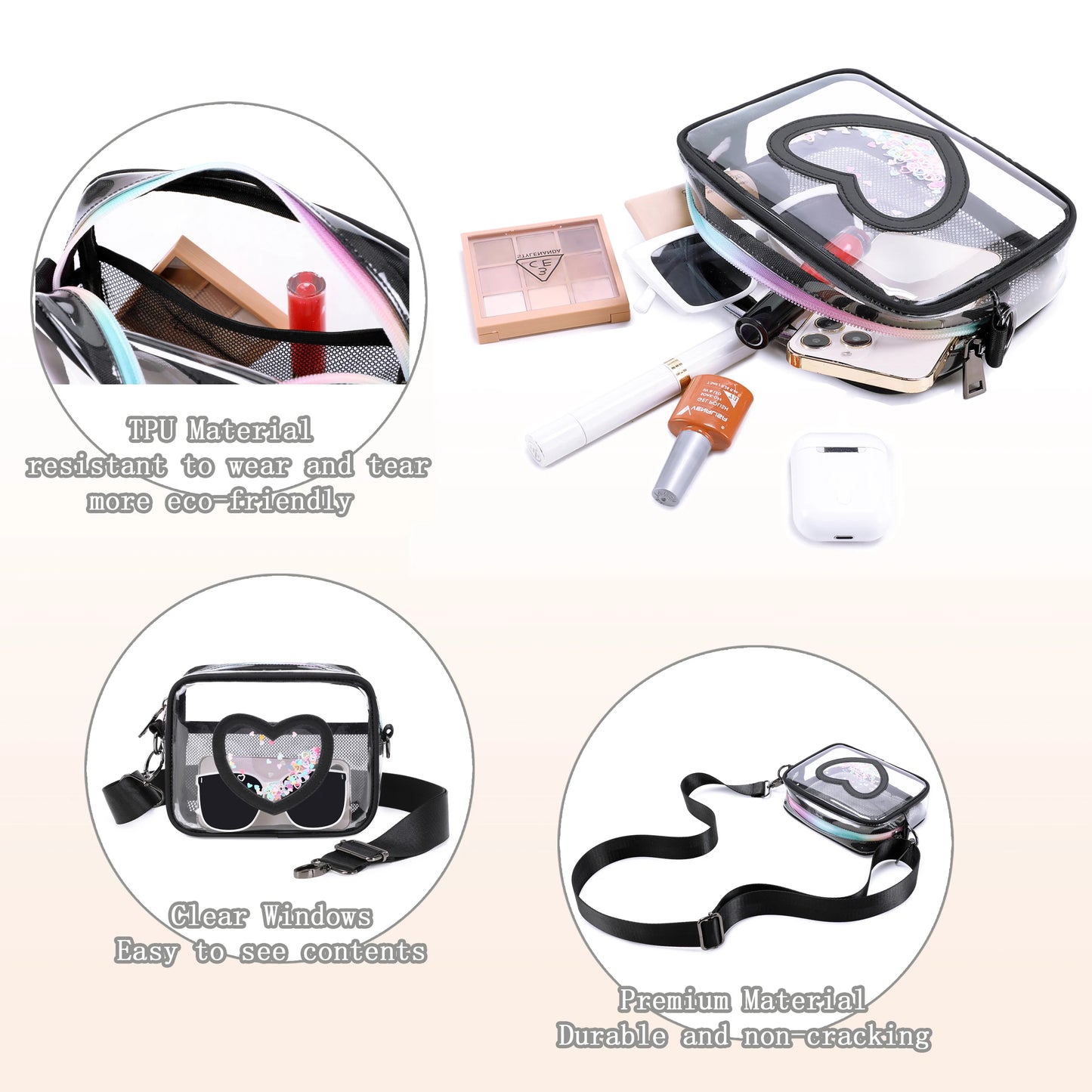 Clear Cross body Bag for Women Girls Stadium Approved Kids Purse Heart Shaped Toddlers Wallet Small Box Coin Pouch
