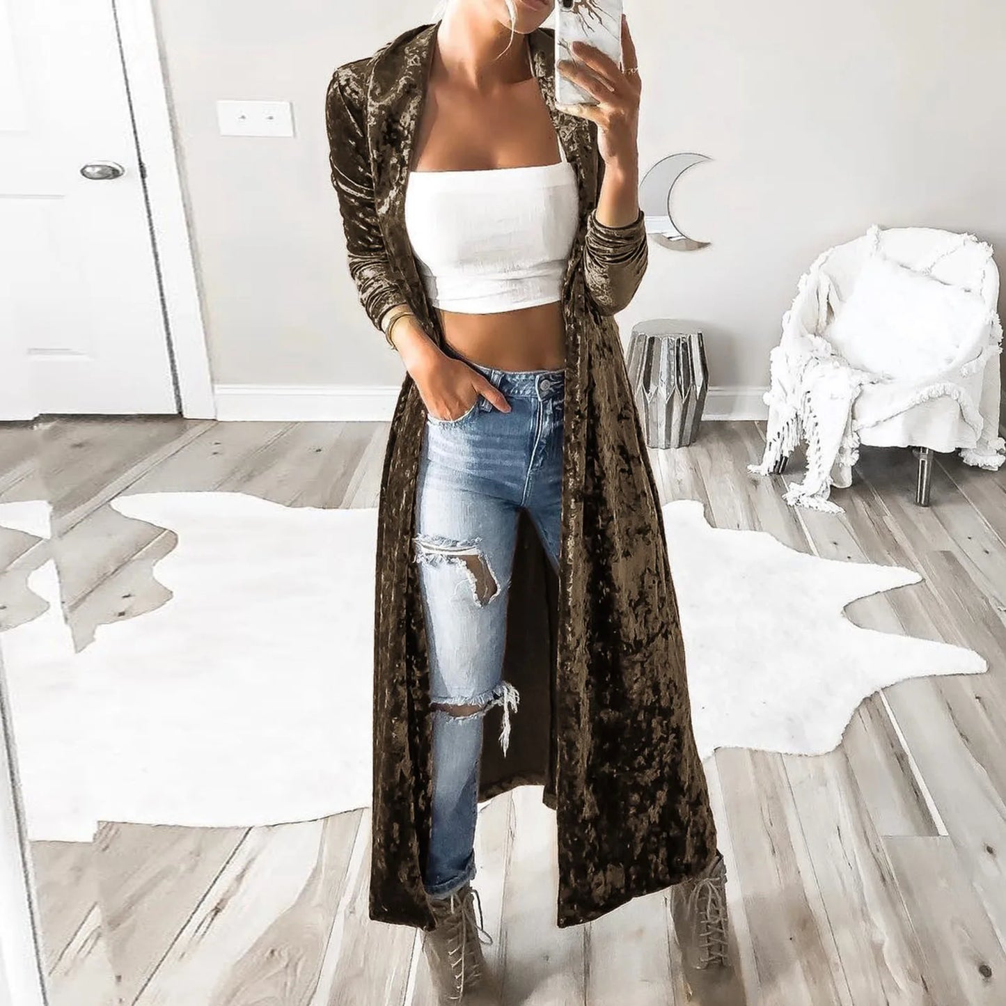 Women's Lightweight Overcoats Autumn Velvet Retro Open Front Cardigan Winter Fashion Ladies Windbreaker Streetwear Outerwear