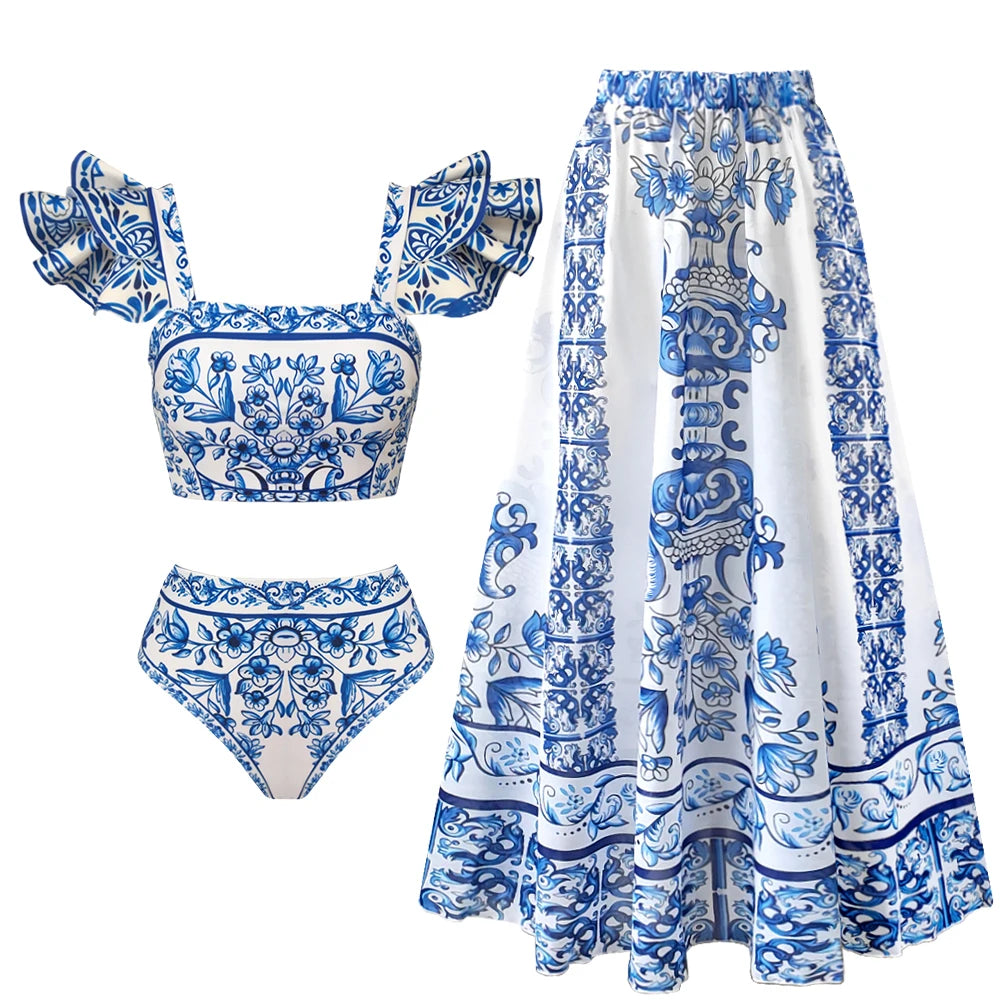 2024 New Sexy Ruffle Bikini Set Printed Brazilian Biquini Women Swimwear Skirt Bathing Suit Girls Summer Beachwear Dress