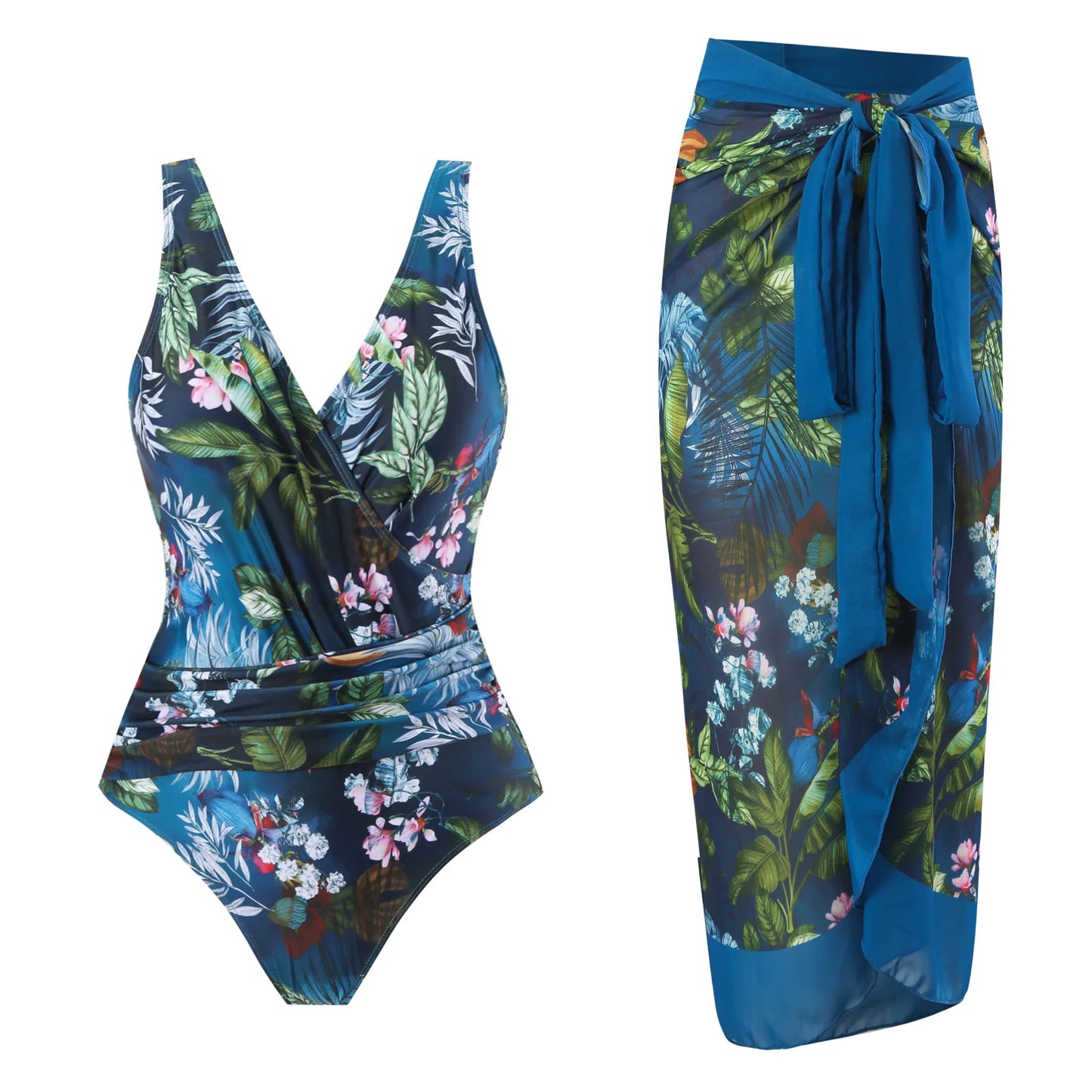 2 Pieces Retro Printed Swimsuit With Cover Up Sexy Women Swimwear 2025 V Neck Bikinis Female Biquini 3XL Bodysuit Beachwear
