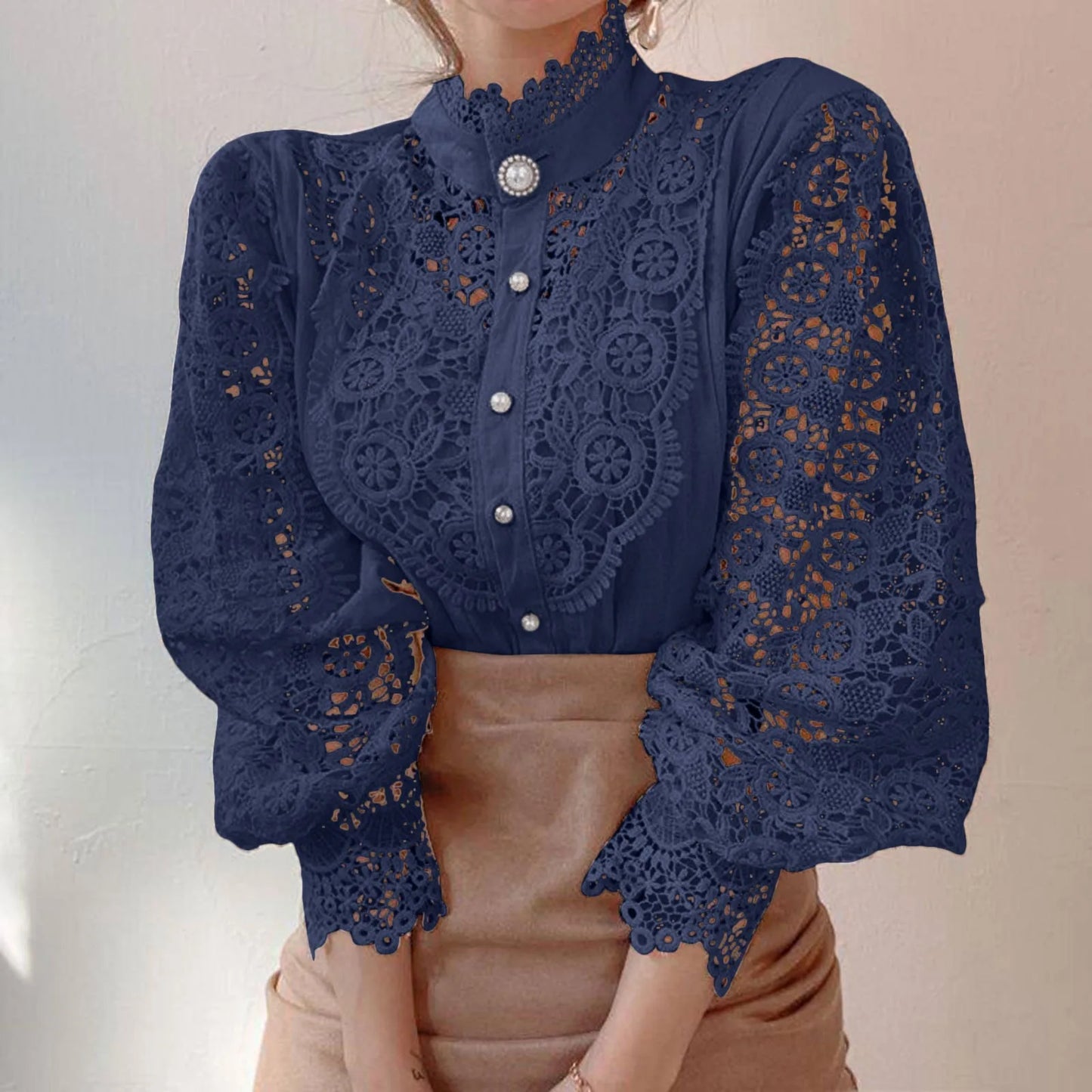 Women Fashion Elegant Lace Shirts Casual Solid Lace Hollow Out Long Sleeve Stand Collar Blouse Ladies Temperament Shirts Tops