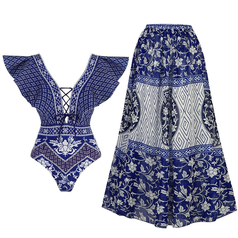 2025 New 2-Piece Shoulder Ruffle Swimsuit With Cover Up Sexy Women Swimwear Push Up Biquini Bathsuit Bodysuit Beachwear Dress