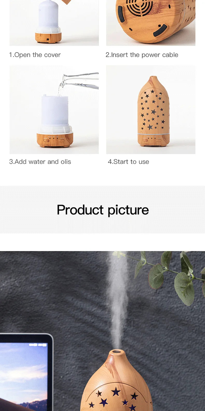 Ultrasonic Essential Oil Diffuser with LED lights 100ml Water Tank Adjustable Cool Mist Modes for Aromatherapy and Humidifying