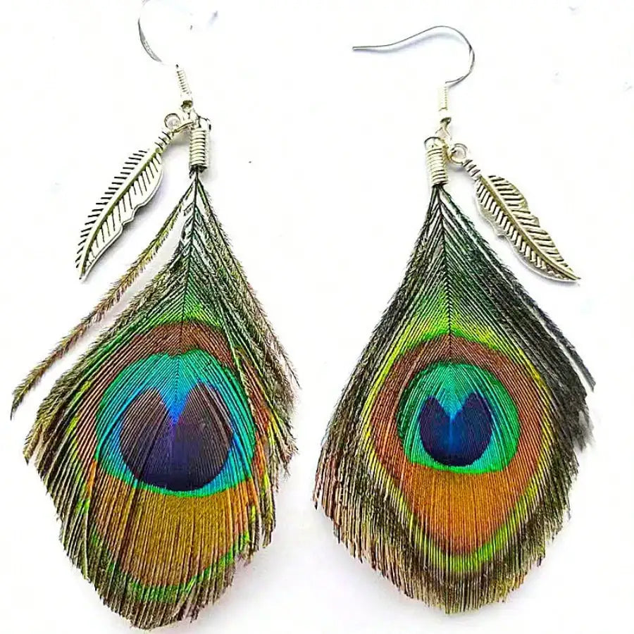 Bohemian Peacock Feather Earrings, Vintage Handmade Dangle Jewelry for Women