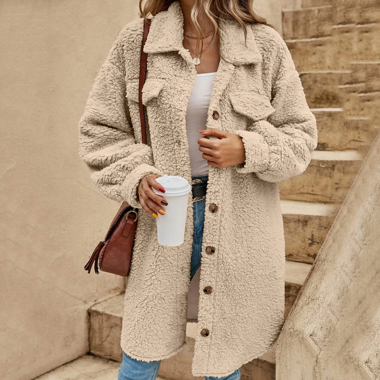Fleece Winter Coats For Women Jacket Long Sleeve Lapel Button Cardigan Warm Outerwear Solid Long Coat Ladies Fashion Jacket