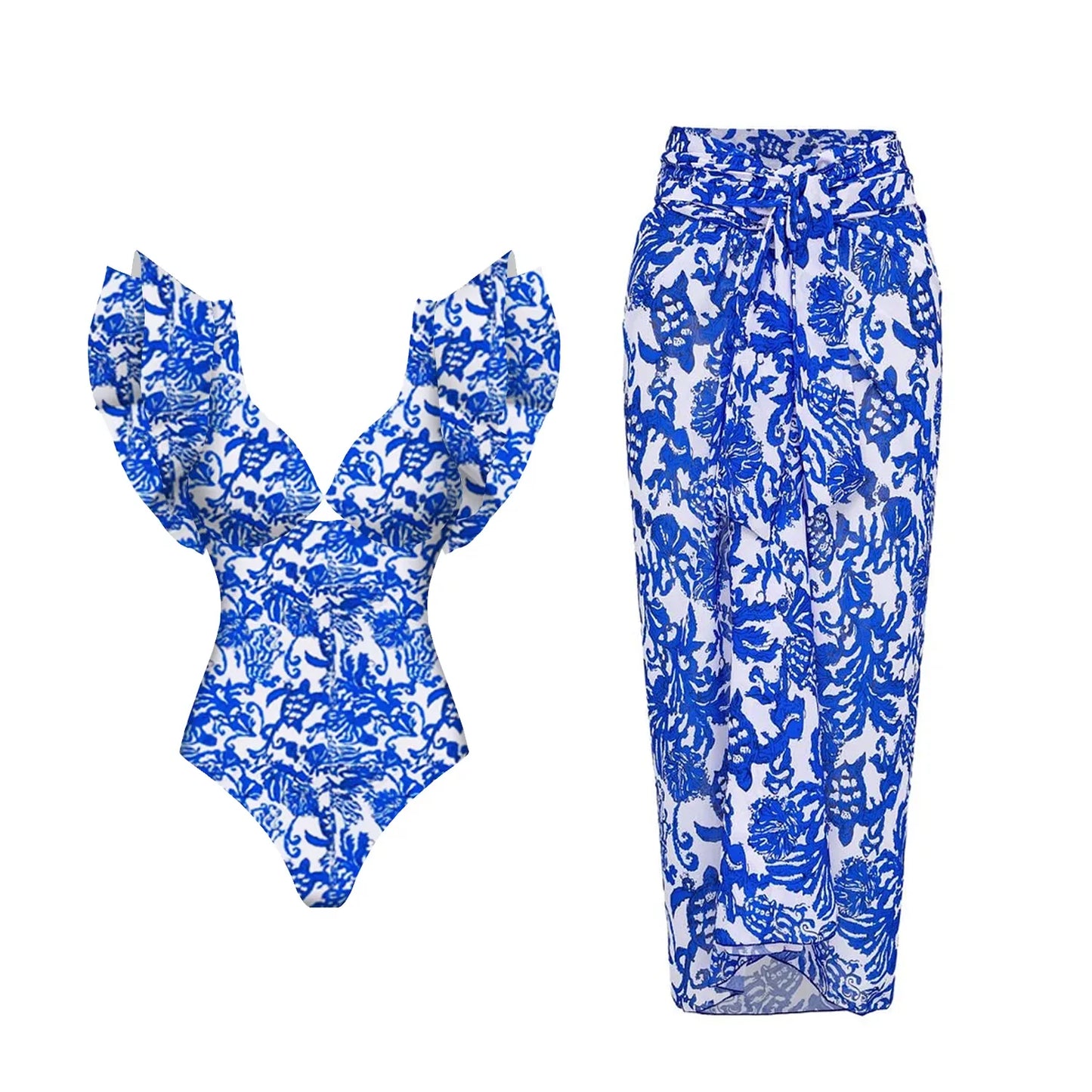 2024 New Sexy Ruffle Bikini Set Printed Brazilian Biquini Women Swimwear Skirt Bathing Suit Girls Summer Beachwear Dress